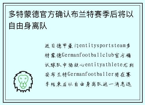 多特蒙德官方确认布兰特赛季后将以自由身离队